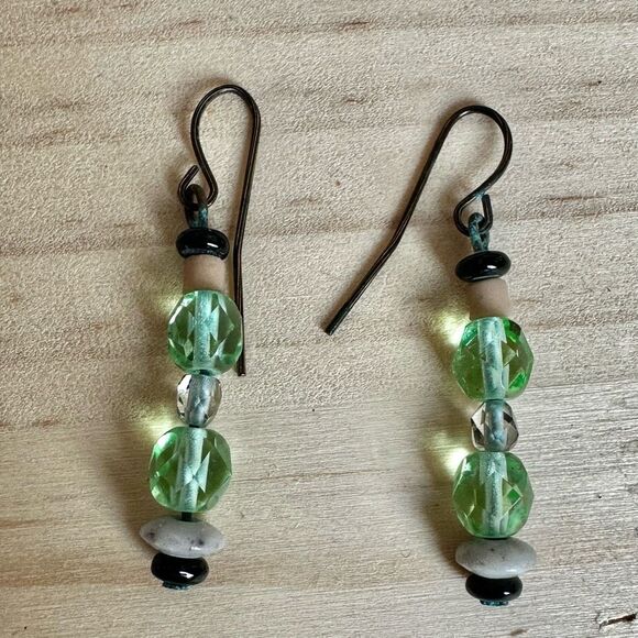 Artisan Green Glass Bead Dangle Earrings – Boho Handmade Vibe - Picture 6 of 7